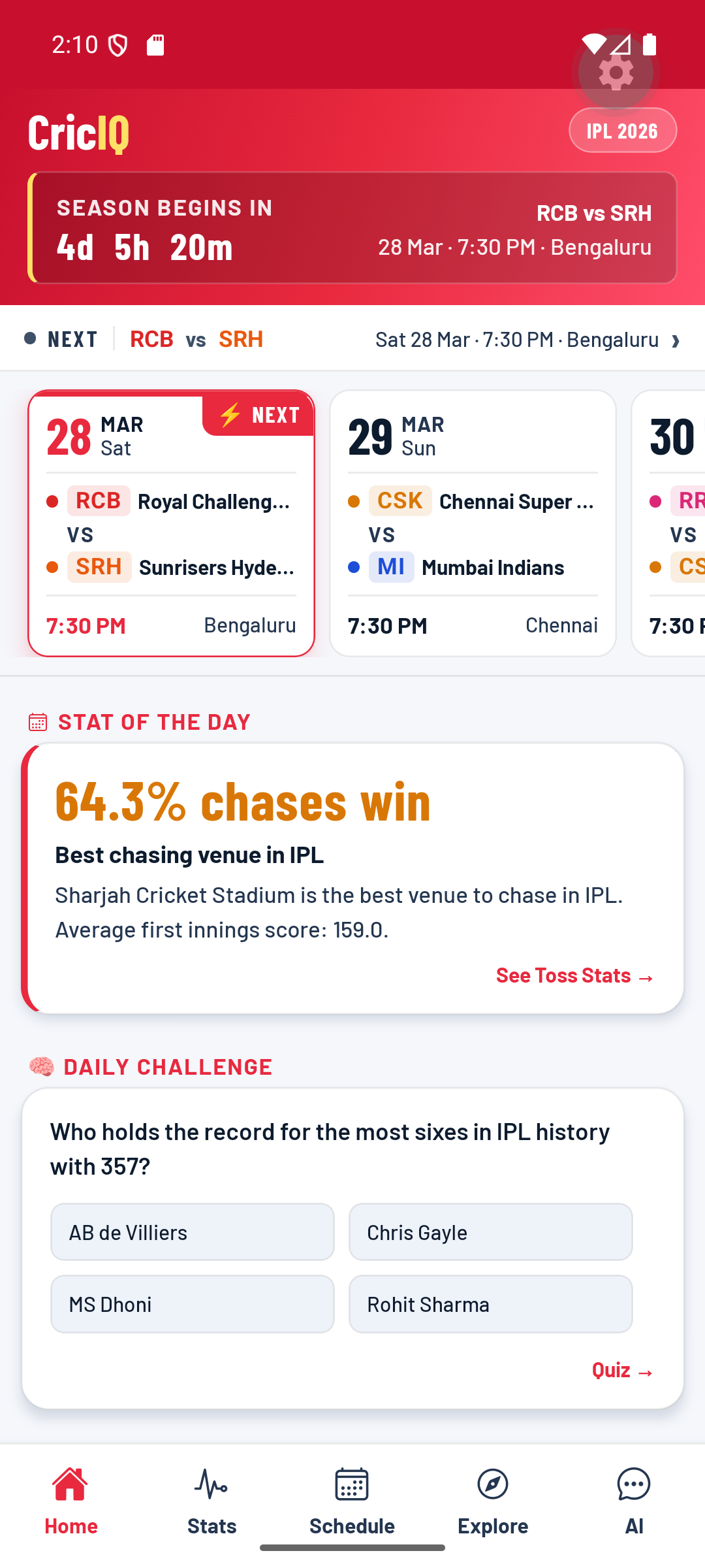 CricIQ app — home screen showing live IPL schedule, stat of the day and daily challenge